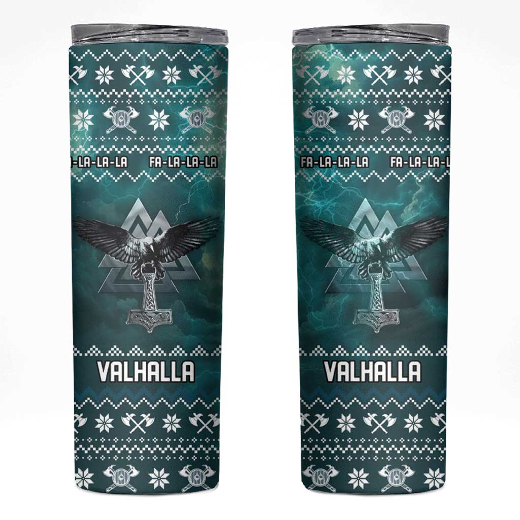 Viking Valhalla Christmas Skinny Tumbler with Norse Symbols Raven and Fa La La La Design - Wonder Print Shop