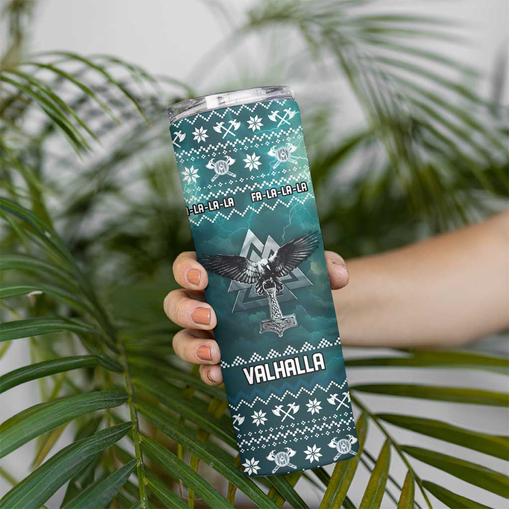 Viking Valhalla Christmas Skinny Tumbler with Norse Symbols Raven and Fa La La La Design - Wonder Print Shop