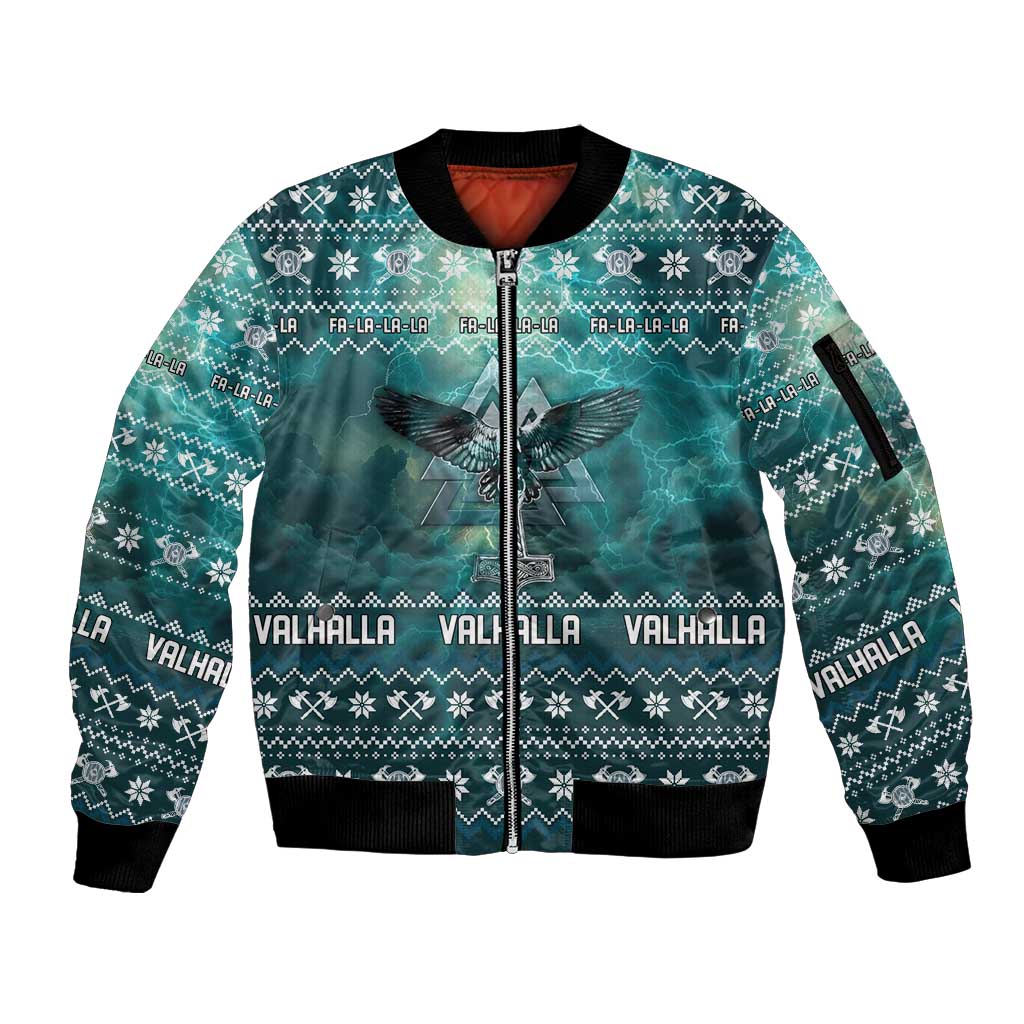 Viking Valhalla Christmas Sleeve Zip Bomber Jacket with Norse Symbols Raven and Fa La La La Design - Wonder Print Shop