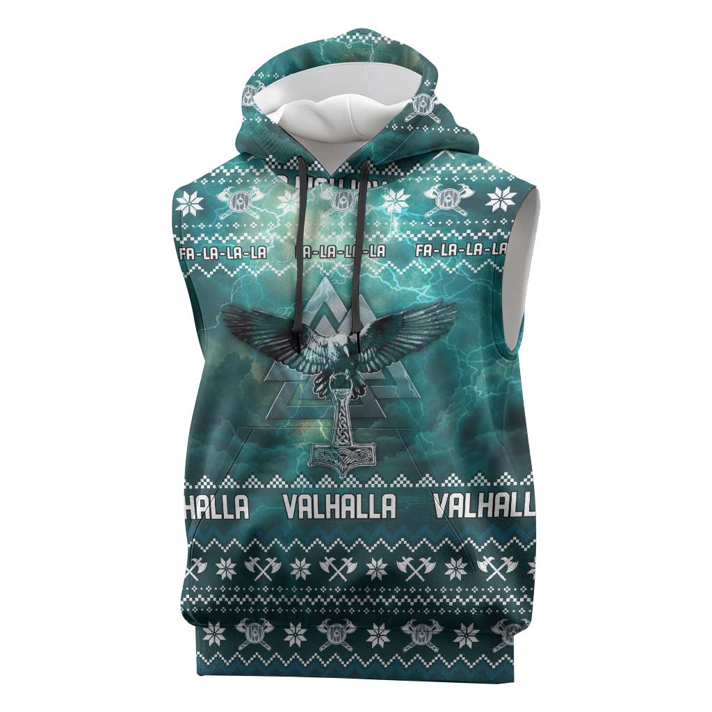 Viking Valhalla Christmas Sleeveless Hoodie with Norse Symbols Raven and Fa La La La Design - Wonder Print Shop