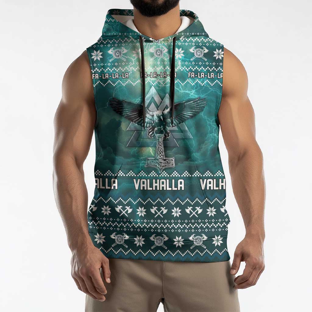 Viking Valhalla Christmas Sleeveless Hoodie with Norse Symbols Raven and Fa La La La Design - Wonder Print Shop