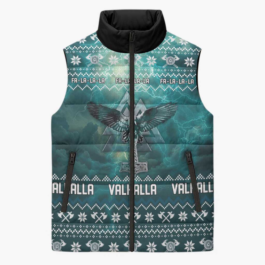 Viking Valhalla Christmas Sleeveless Puffer Jacket with Norse Symbols Raven and Fa La La La Design - Wonder Print Shop