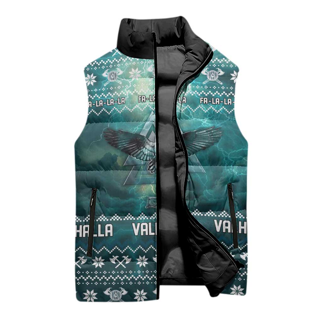 Viking Valhalla Christmas Sleeveless Puffer Jacket with Norse Symbols Raven and Fa La La La Design - Wonder Print Shop