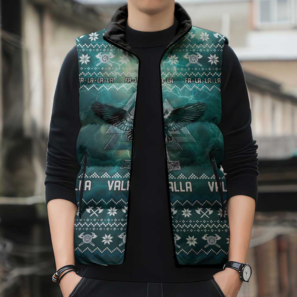 Viking Valhalla Christmas Sleeveless Puffer Jacket with Norse Symbols Raven and Fa La La La Design - Wonder Print Shop