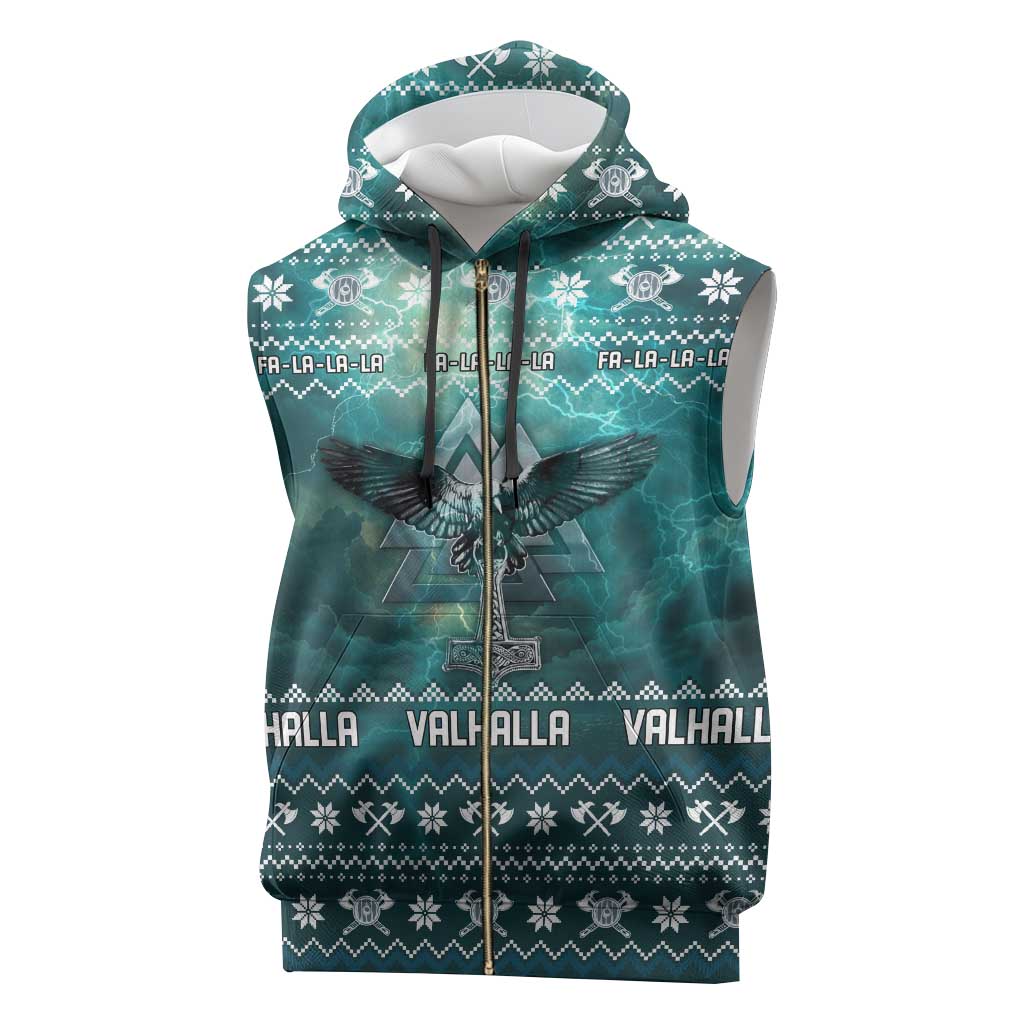 Viking Valhalla Christmas Sleeveless Zip Hoodie with Norse Symbols Raven and Fa La La La Design - Wonder Print Shop