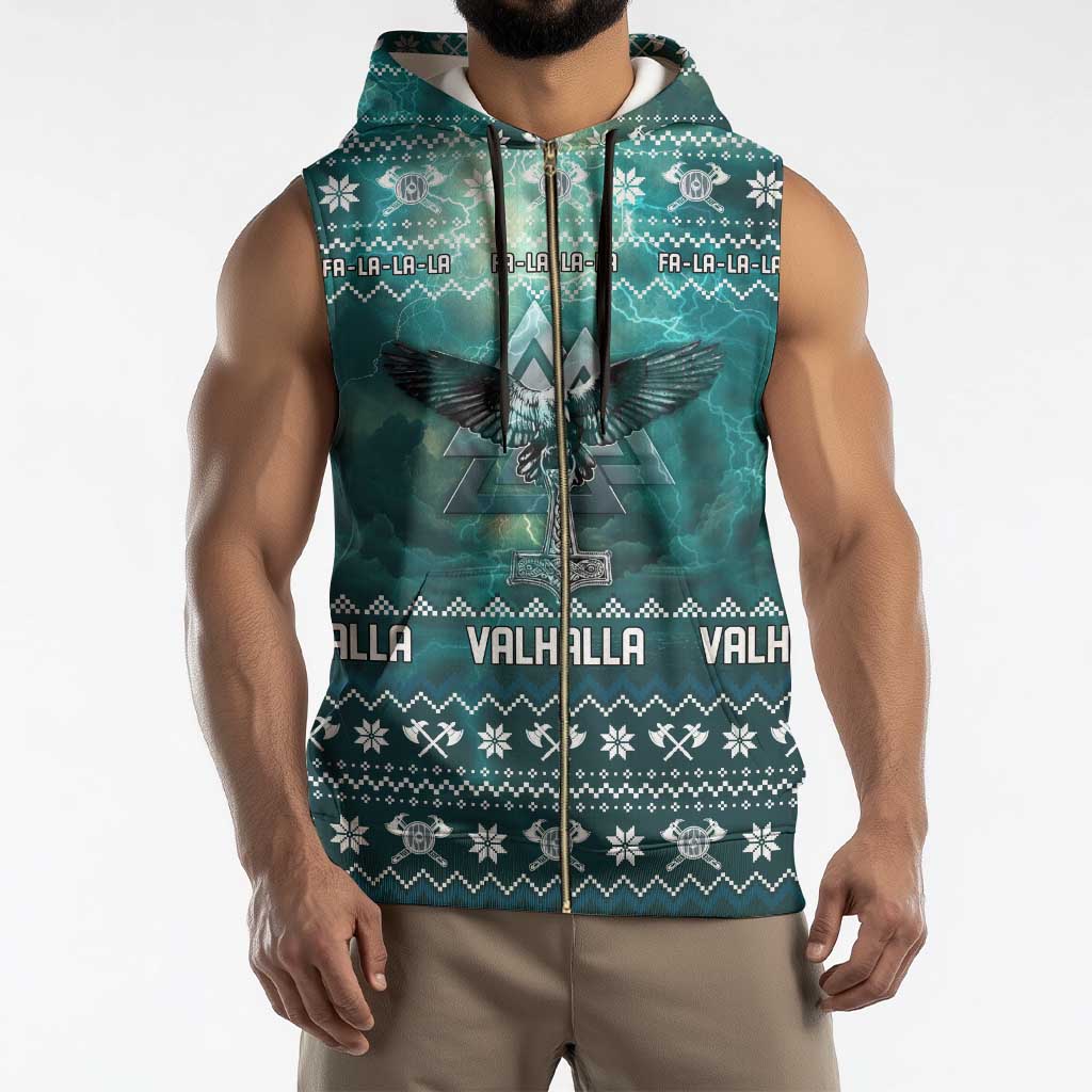 Viking Valhalla Christmas Sleeveless Zip Hoodie with Norse Symbols Raven and Fa La La La Design - Wonder Print Shop