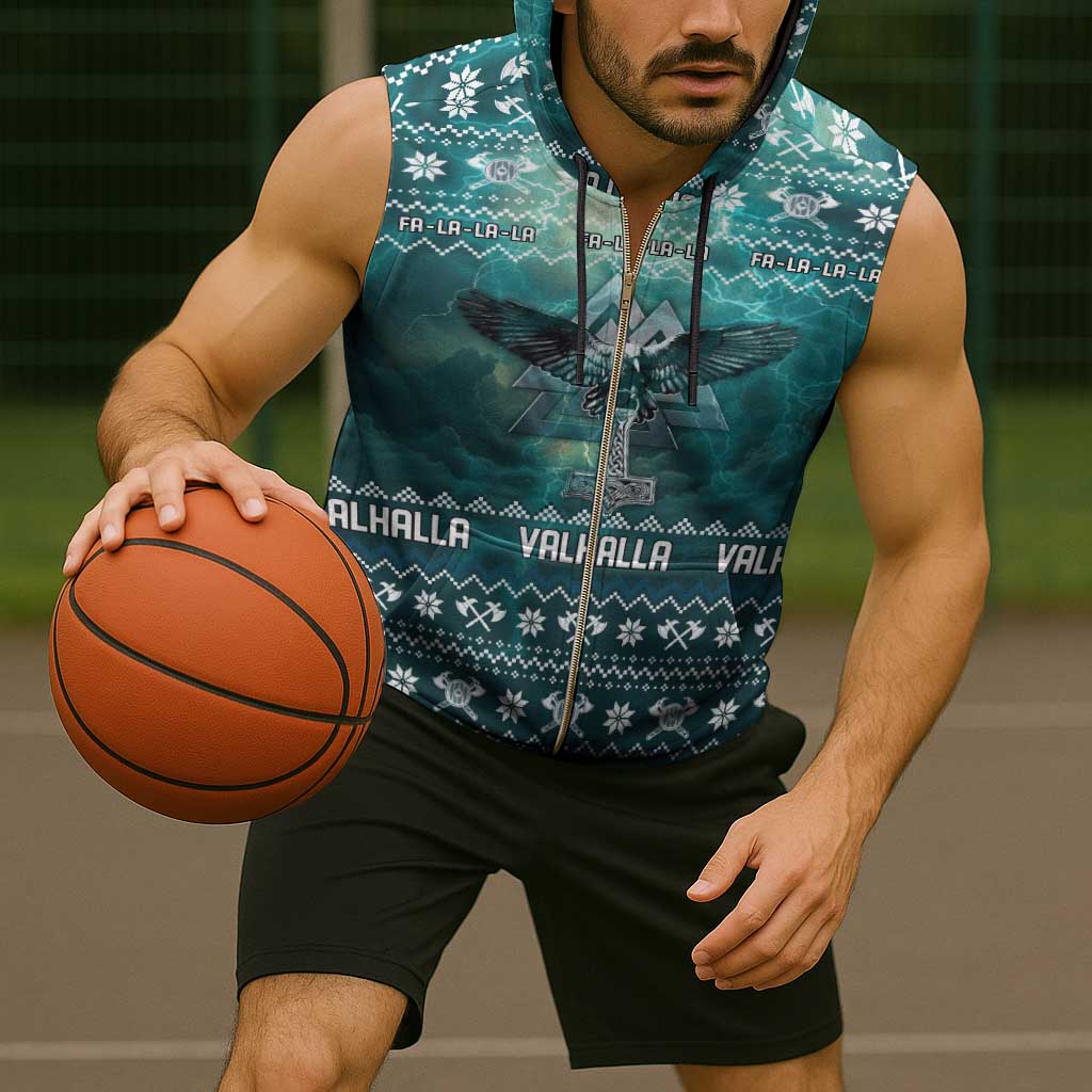 Viking Valhalla Christmas Sleeveless Zip Hoodie with Norse Symbols Raven and Fa La La La Design - Wonder Print Shop