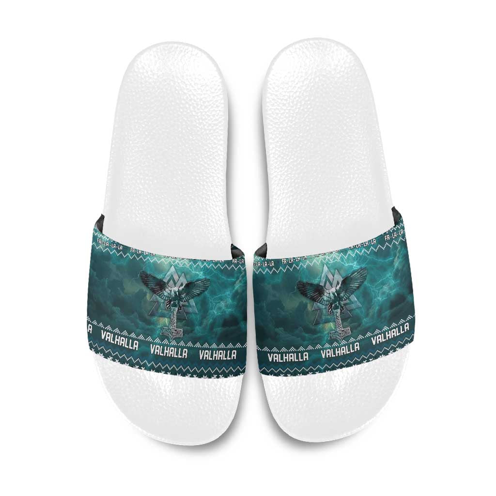 Viking Valhalla Christmas Slide Sandals with Norse Symbols Raven and Fa La La La Design - Wonder Print Shop