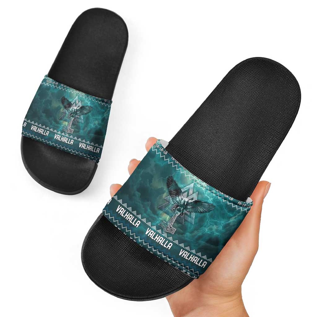 Viking Valhalla Christmas Slide Sandals with Norse Symbols Raven and Fa La La La Design - Wonder Print Shop