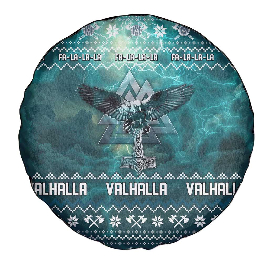 Viking Valhalla Christmas Spare Tire Cover with Norse Symbols Raven and Fa La La La Design - Wonder Print Shop