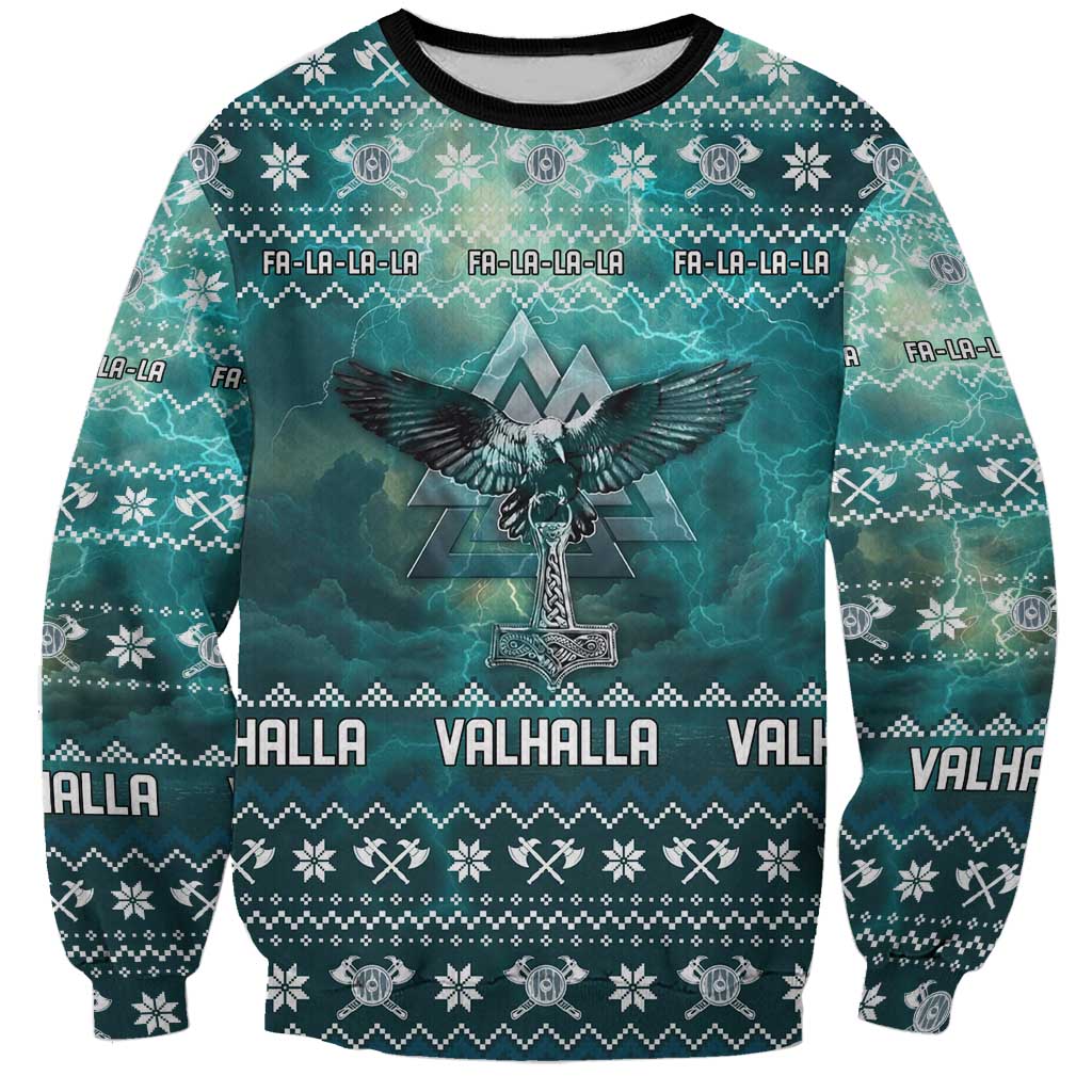 Viking Valhalla Christmas Sweatshirt with Norse Symbols Raven and Fa La La La Design - Wonder Print Shop