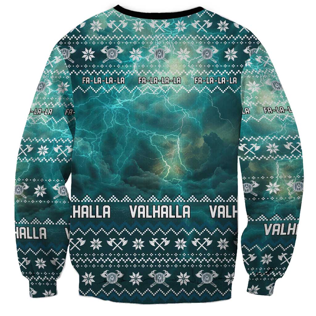 Viking Valhalla Christmas Sweatshirt with Norse Symbols Raven and Fa La La La Design - Wonder Print Shop