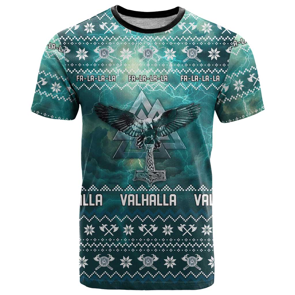 Viking Valhalla Christmas T Shirt with Norse Symbols Raven and Fa La La La Design - Wonder Print Shop