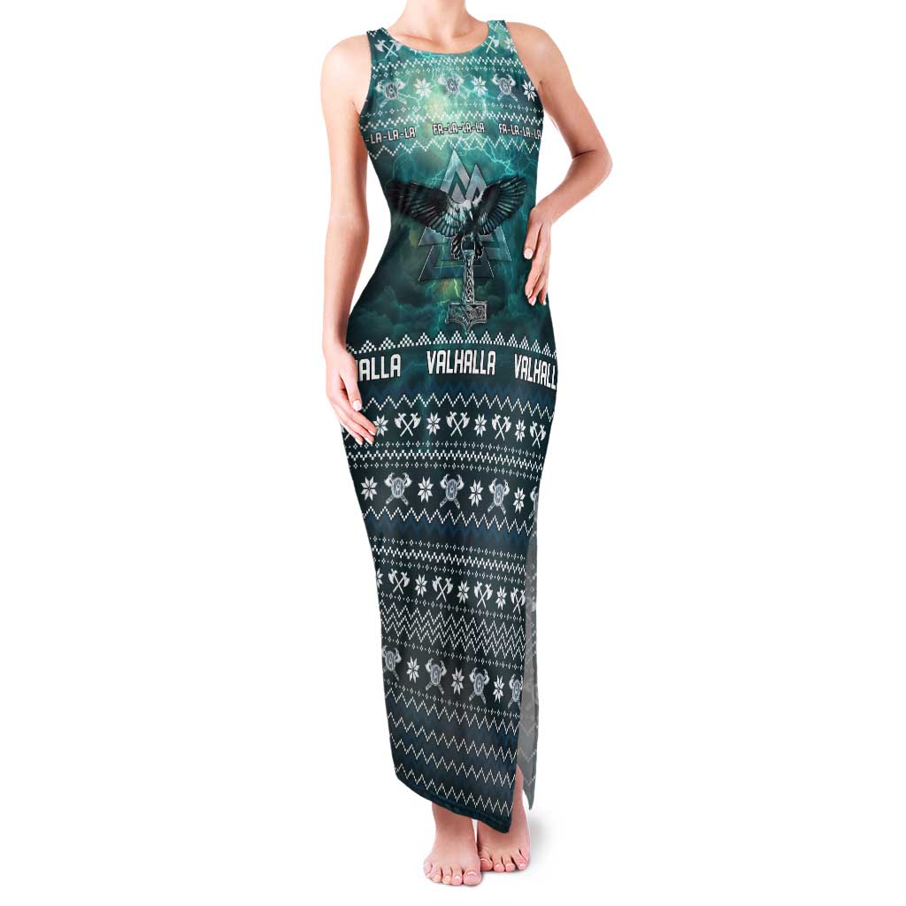 Viking Valhalla Christmas Tank Maxi Dress with Norse Symbols Raven and Fa La La La Design - Wonder Print Shop