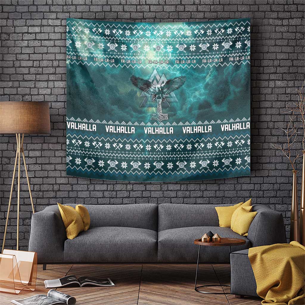 Viking Valhalla Christmas Tapestry with Norse Symbols Raven and Fa La La La Design - Wonder Print Shop