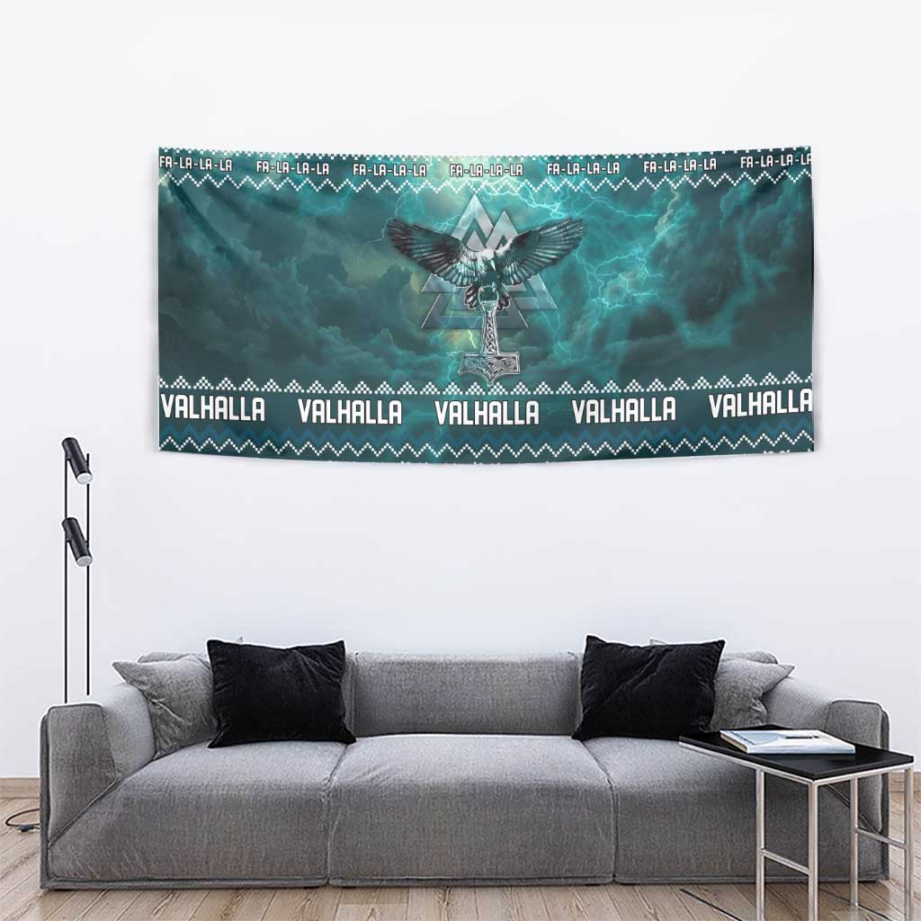 Viking Valhalla Christmas Tapestry with Norse Symbols Raven and Fa La La La Design - Wonder Print Shop