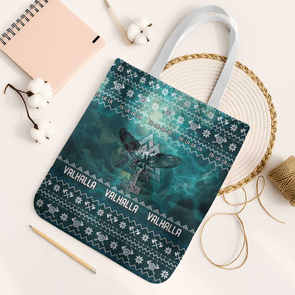 Viking Valhalla Christmas Tote Bag with Norse Symbols Raven and Fa La La La Design - Wonder Print Shop