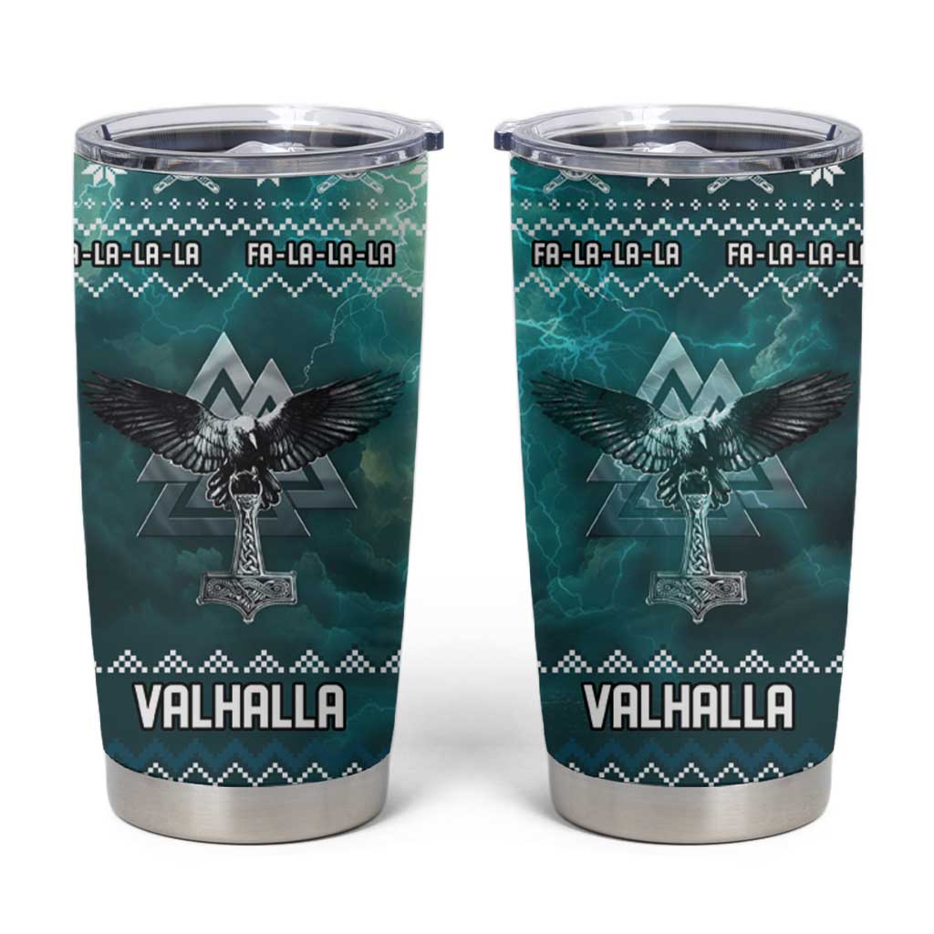 Viking Valhalla Christmas Tumbler Cup with Norse Symbols Raven and Fa La La La Design - Wonder Print Shop