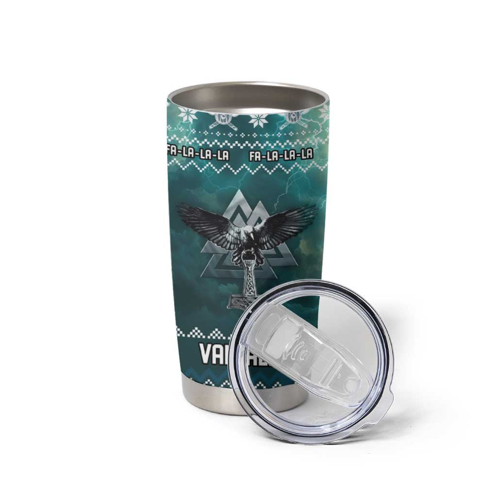 Viking Valhalla Christmas Tumbler Cup with Norse Symbols Raven and Fa La La La Design - Wonder Print Shop