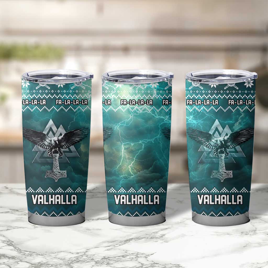 Viking Valhalla Christmas Tumbler Cup with Norse Symbols Raven and Fa La La La Design - Wonder Print Shop