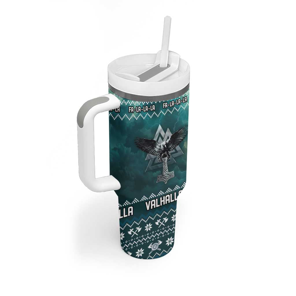 Viking Valhalla Christmas Tumbler With Handle with Norse Symbols Raven and Fa La La La Design - Wonder Print Shop