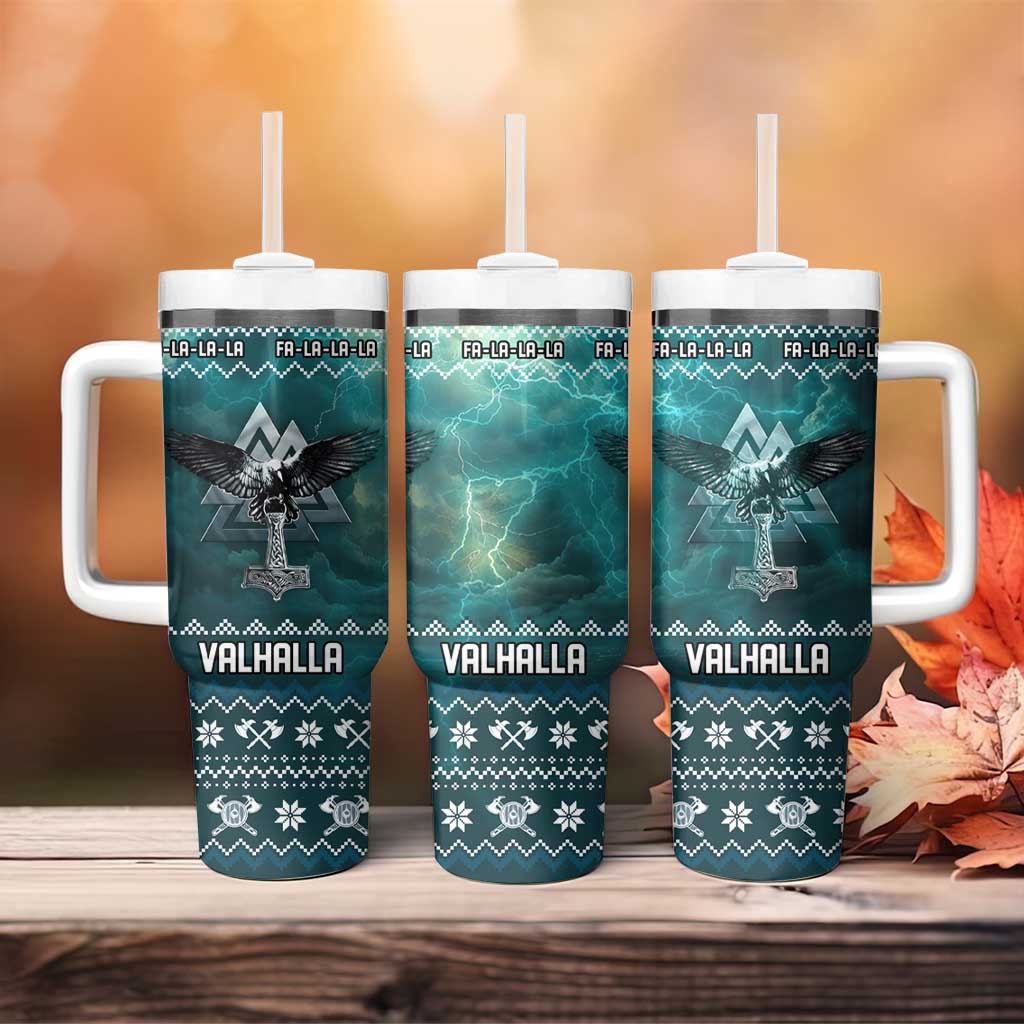 Viking Valhalla Christmas Tumbler With Handle with Norse Symbols Raven and Fa La La La Design - Wonder Print Shop