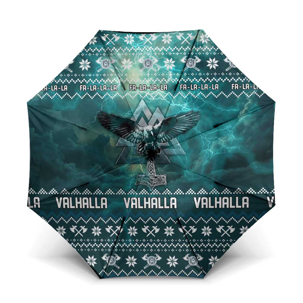Viking Valhalla Christmas Umbrella with Norse Symbols Raven and Fa La La La Design - Wonder Print Shop
