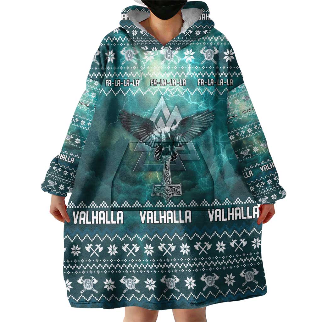 Viking Valhalla Christmas Wearable Blanket Hoodie with Norse Symbols Raven and Fa La La La Design - Wonder Print Shop