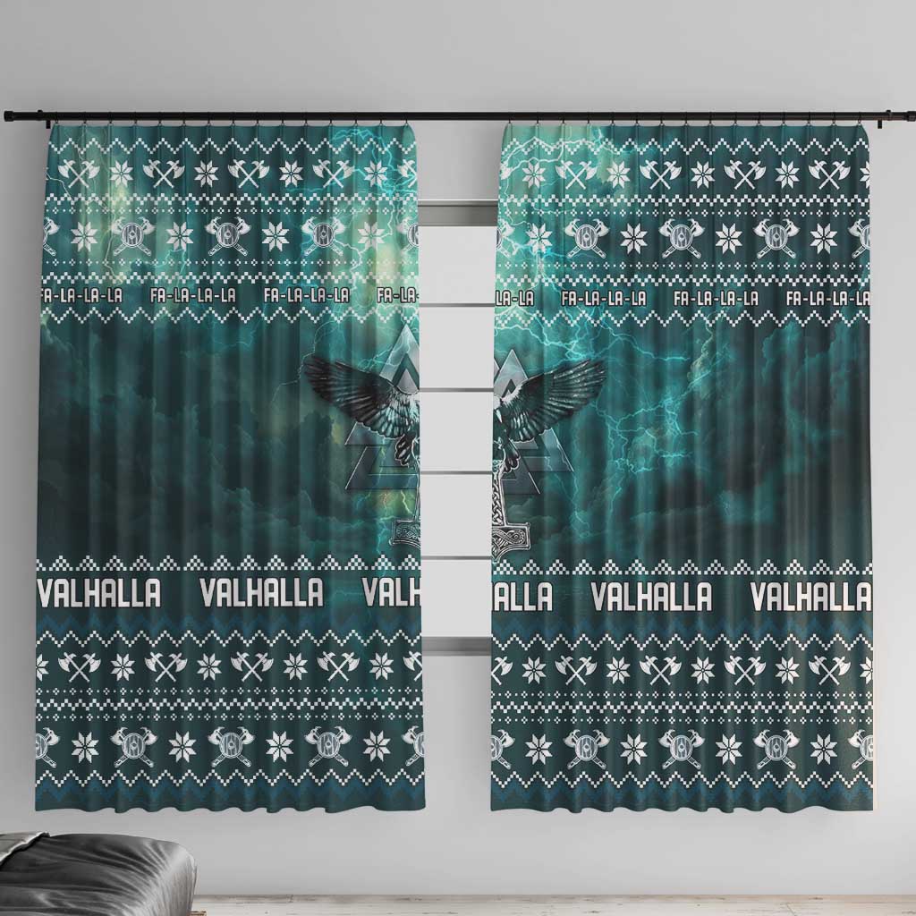 Viking Valhalla Christmas Window Curtain with Norse Symbols Raven and Fa La La La Design - Wonder Print Shop