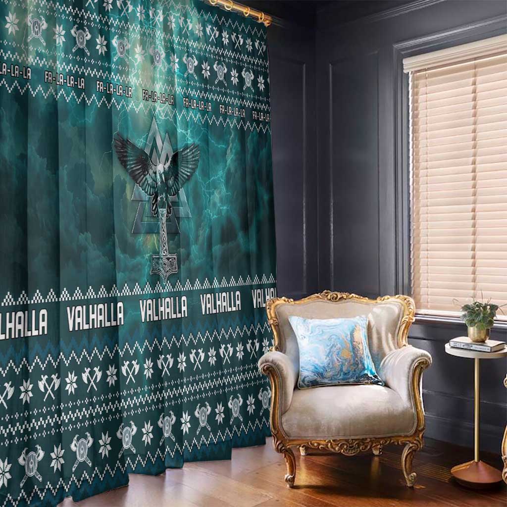 Viking Valhalla Christmas Window Curtain with Norse Symbols Raven and Fa La La La Design - Wonder Print Shop