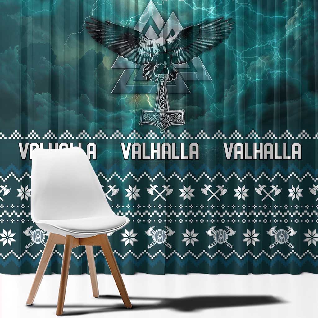 Viking Valhalla Christmas Window Curtain with Norse Symbols Raven and Fa La La La Design - Wonder Print Shop