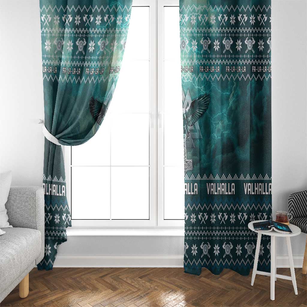 Viking Valhalla Christmas Window Curtain with Norse Symbols Raven and Fa La La La Design - Wonder Print Shop