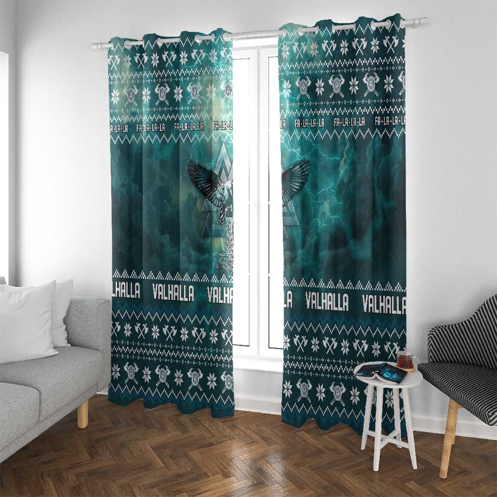 Viking Valhalla Christmas Window Curtain with Norse Symbols Raven and Fa La La La Design - Wonder Print Shop