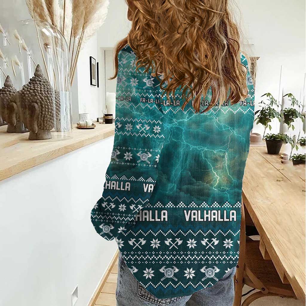 Viking Valhalla Christmas Women Casual Shirt with Norse Symbols Raven and Fa La La La Design - Wonder Print Shop