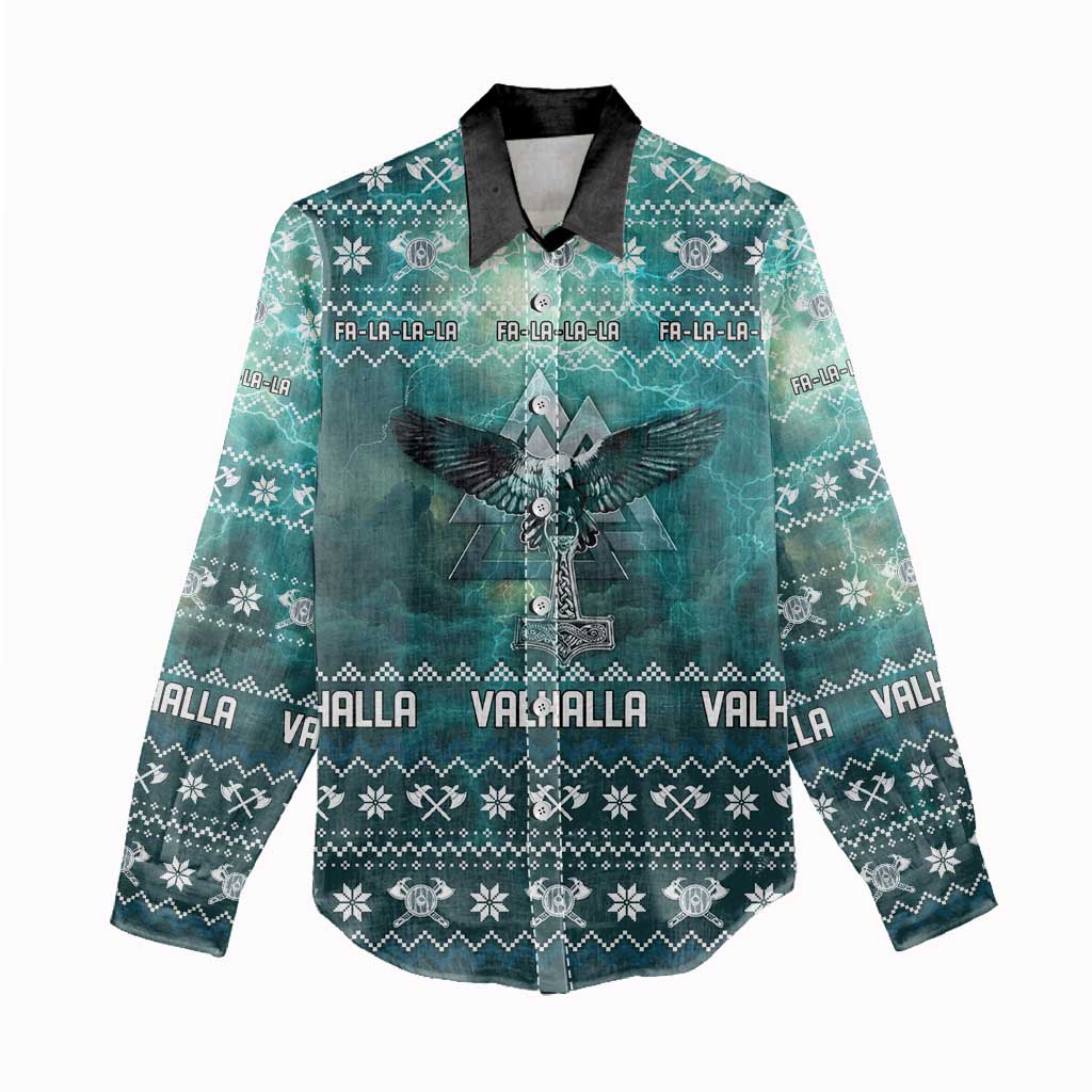 Viking Valhalla Christmas Women Casual Shirt with Norse Symbols Raven and Fa La La La Design - Wonder Print Shop