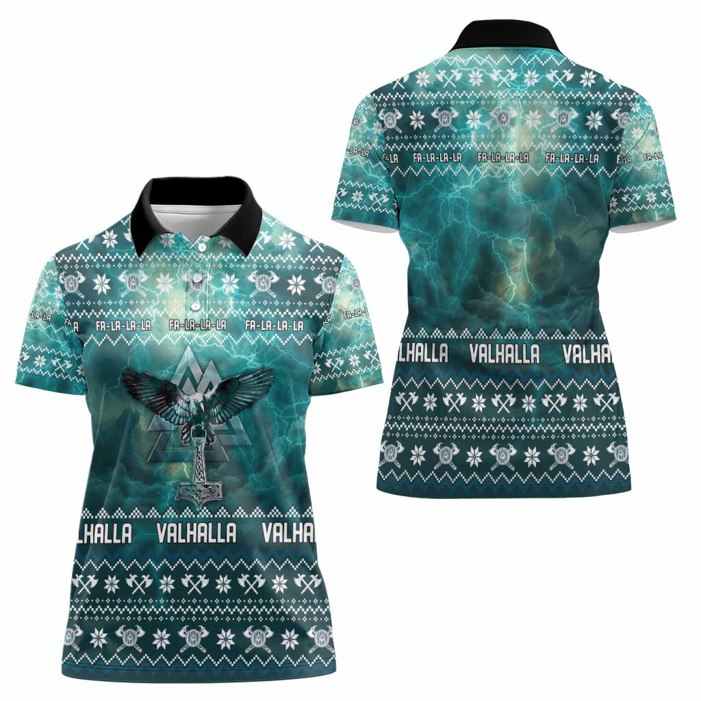 Viking Valhalla Christmas Women Polo Shirt with Norse Symbols Raven and Fa La La La Design - Wonder Print Shop
