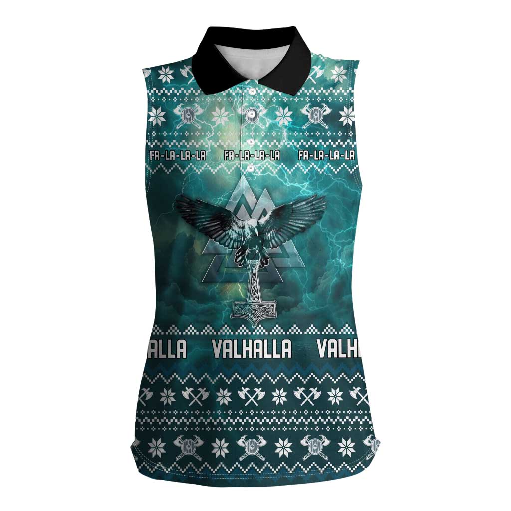 Viking Valhalla Christmas Women Sleeveless Polo Shirt with Norse Symbols Raven and Fa La La La Design - Wonder Print Shop