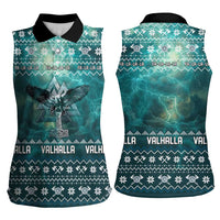 Viking Valhalla Christmas Women Sleeveless Polo Shirt with Norse Symbols Raven and Fa La La La Design - Wonder Print Shop
