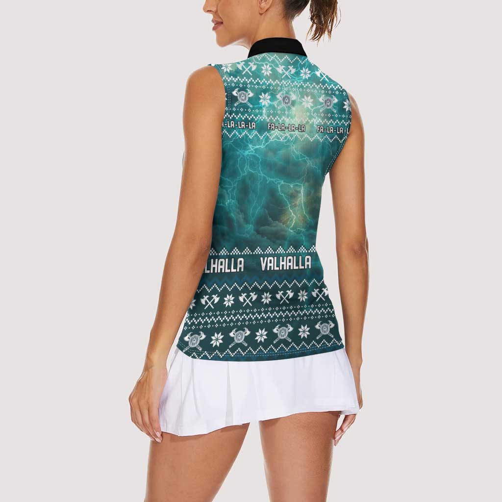 Viking Valhalla Christmas Women Sleeveless Polo Shirt with Norse Symbols Raven and Fa La La La Design - Wonder Print Shop