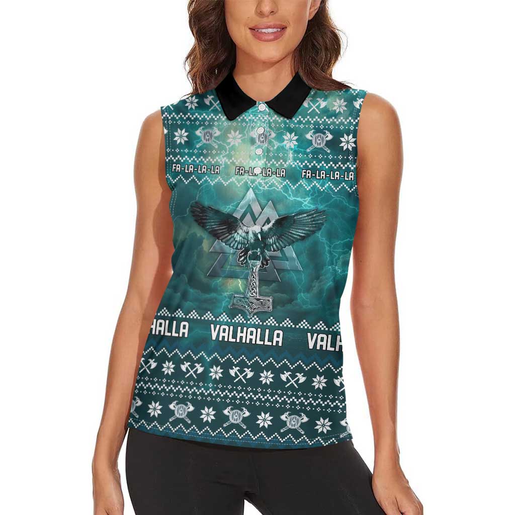 Viking Valhalla Christmas Women Sleeveless Polo Shirt with Norse Symbols Raven and Fa La La La Design - Wonder Print Shop
