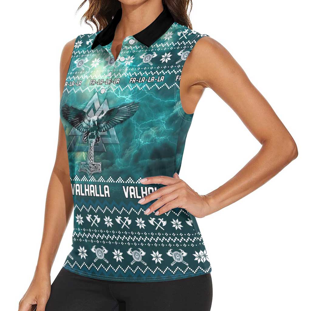Viking Valhalla Christmas Women Sleeveless Polo Shirt with Norse Symbols Raven and Fa La La La Design - Wonder Print Shop