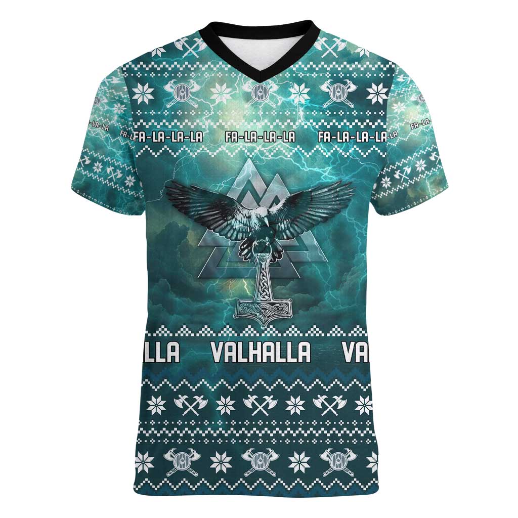 Viking Valhalla Christmas Women V-Neck T-Shirt with Norse Symbols Raven and Fa La La La Design - Wonder Print Shop