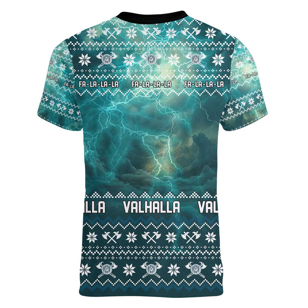 Viking Valhalla Christmas Women V-Neck T-Shirt with Norse Symbols Raven and Fa La La La Design - Wonder Print Shop