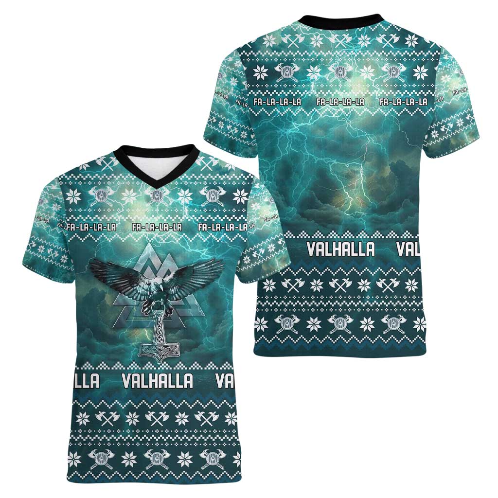 Viking Valhalla Christmas Women V-Neck T-Shirt with Norse Symbols Raven and Fa La La La Design - Wonder Print Shop