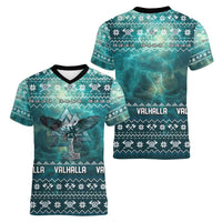 Viking Valhalla Christmas Women V-Neck T-Shirt with Norse Symbols Raven and Fa La La La Design - Wonder Print Shop