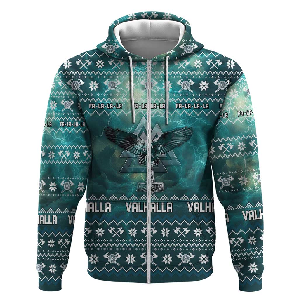 Viking Valhalla Christmas Zip Hoodie with Norse Symbols Raven and Fa La La La Design - Wonder Print Shop