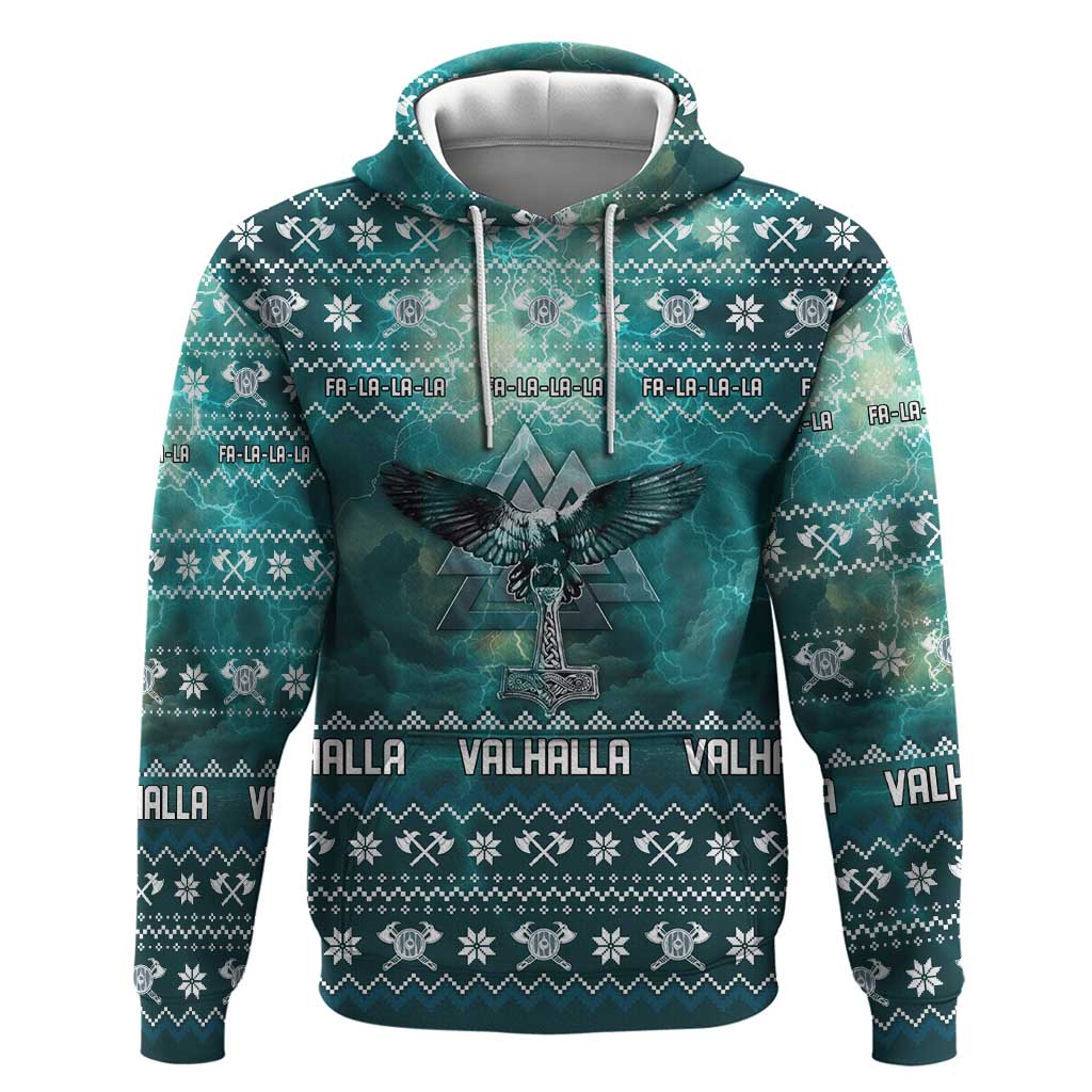 Viking Valhalla Christmas Zip Hoodie with Norse Symbols Raven and Fa La La La Design - Wonder Print Shop