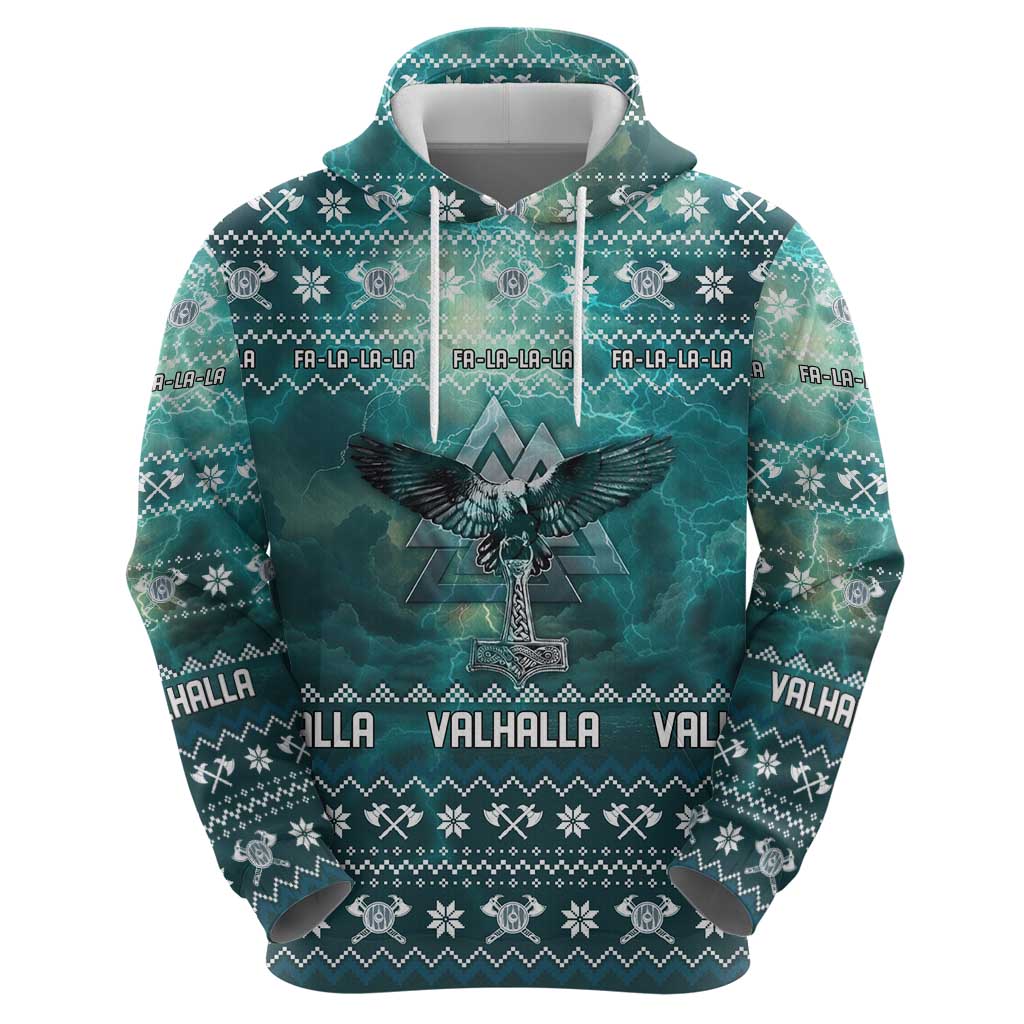 Viking Valhalla Christmas Zip Hoodie with Norse Symbols Raven and Fa La La La Design - Wonder Print Shop