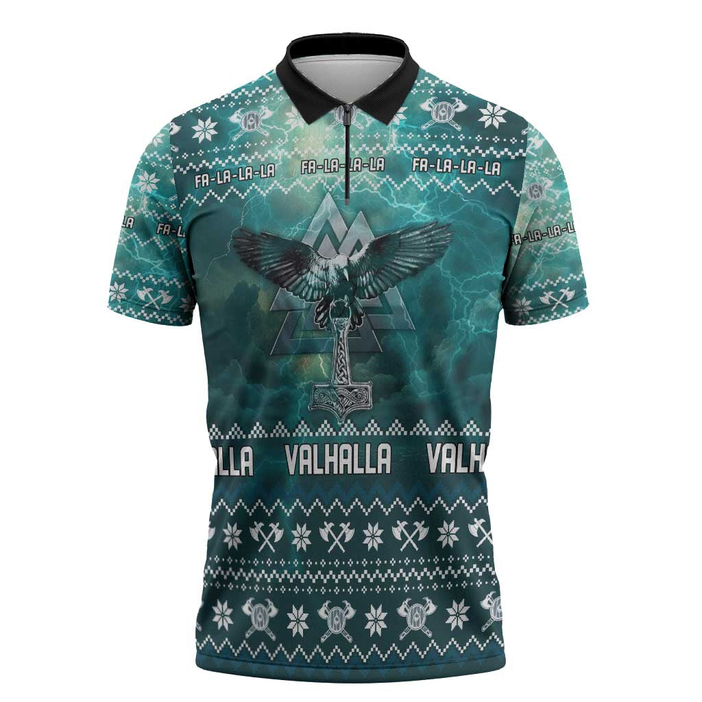 Viking Valhalla Christmas Zipper Polo Shirt with Norse Symbols Raven and Fa La La La Design - Wonder Print Shop