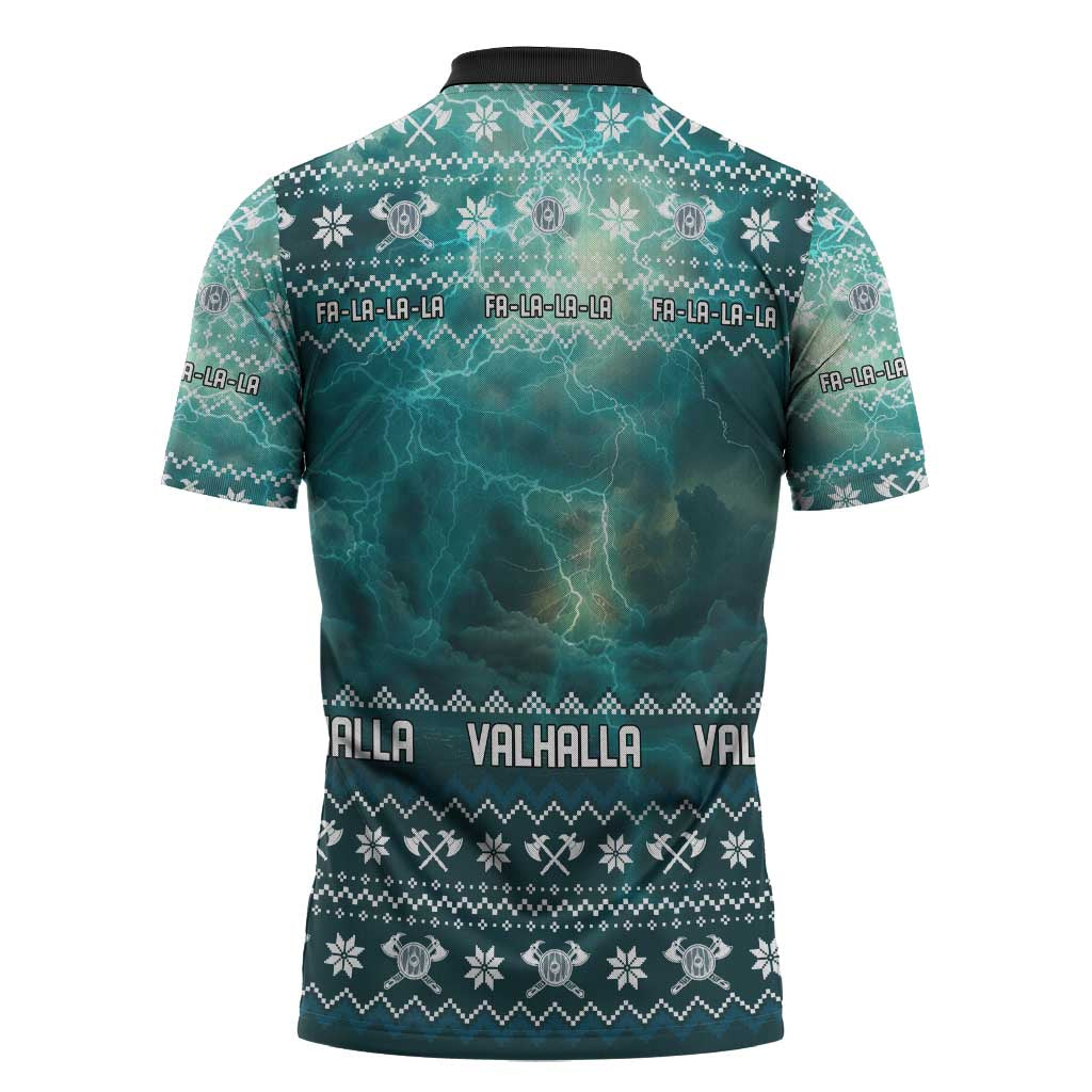 Viking Valhalla Christmas Zipper Polo Shirt with Norse Symbols Raven and Fa La La La Design - Wonder Print Shop